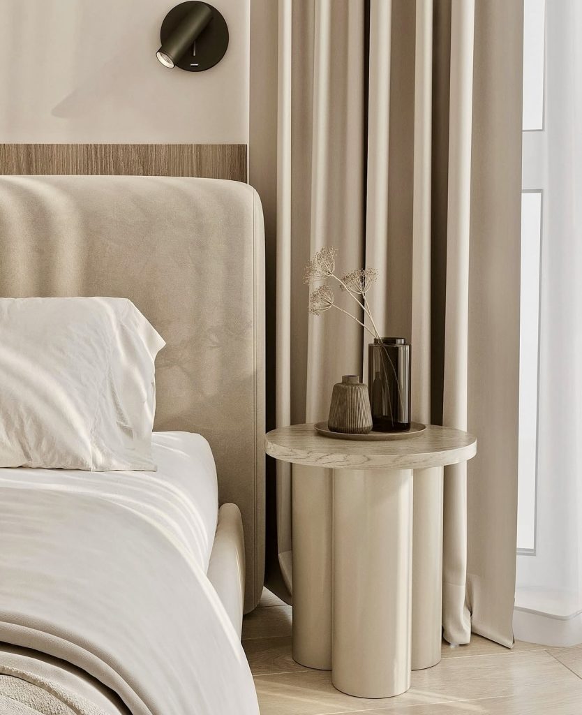 Minimalist bedroom corner with natural tones