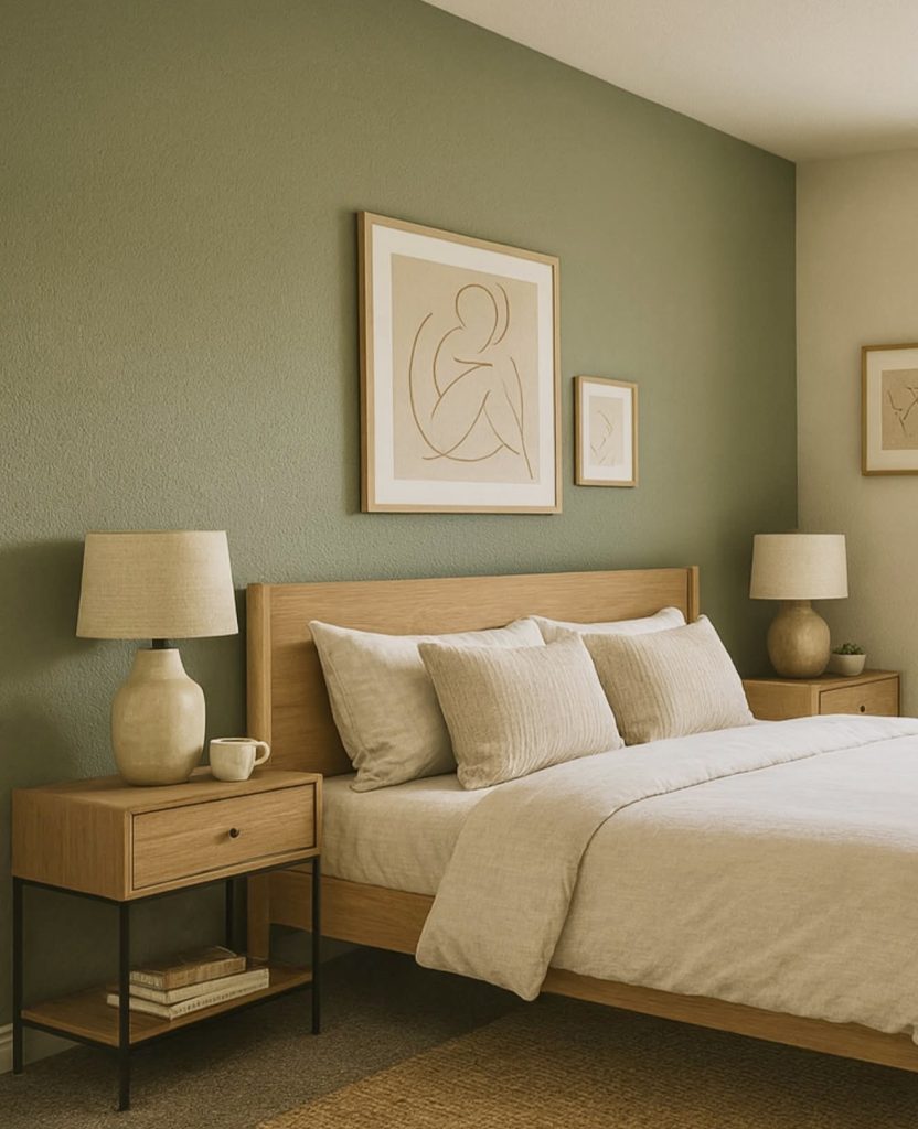 Bedroom with green accent wall and natural decor