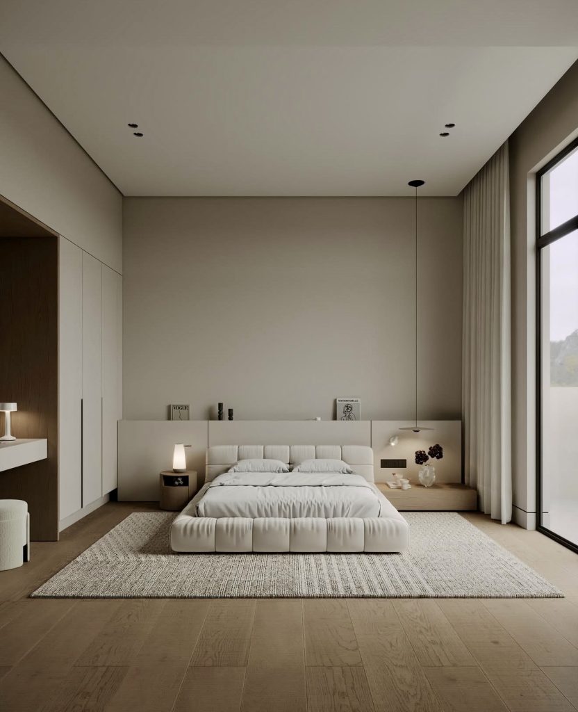 Minimalist bedroom with sleek bed and neutral tones