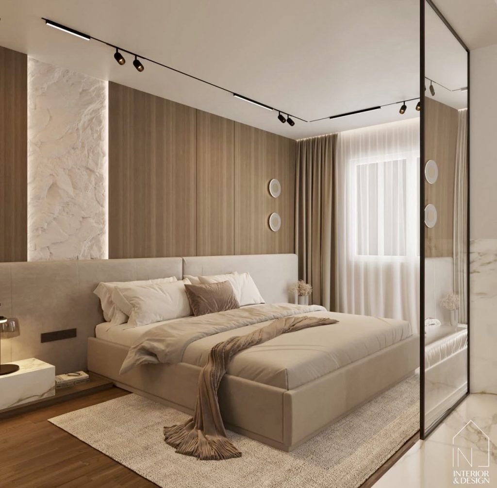 Bedroom with dark panel wall and forest print