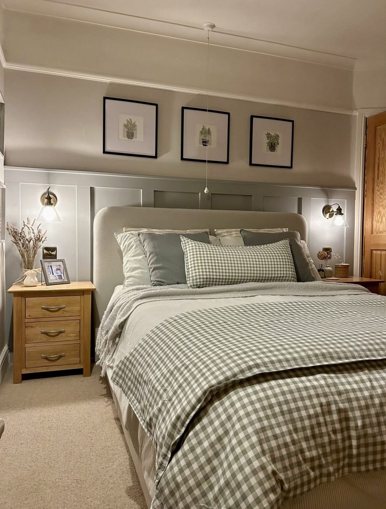 Bedroom with gingham bedding and paneled walls