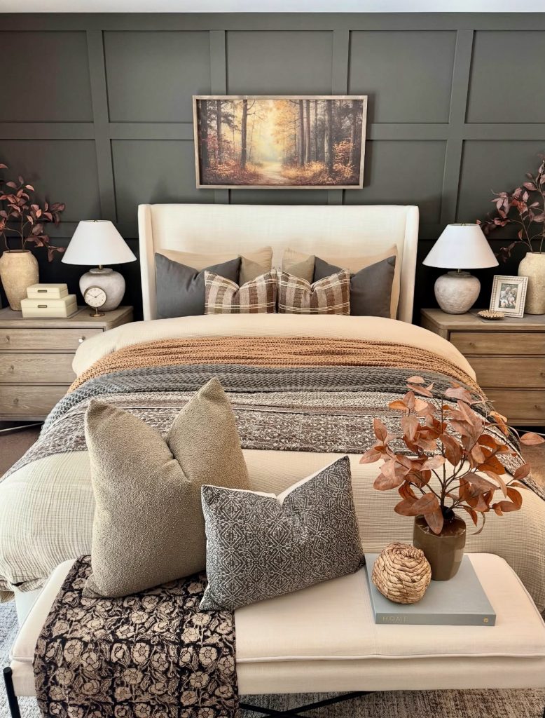 Bedroom with nature-inspired decor and layered textiles