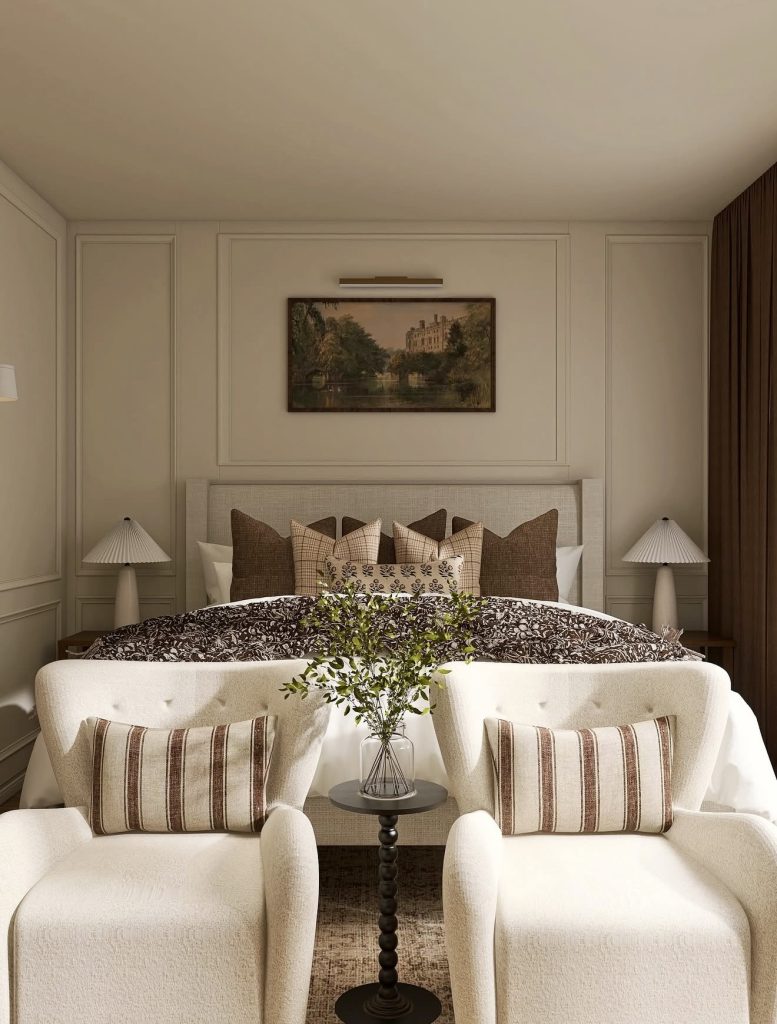 Symmetrical bedroom with rich textiles