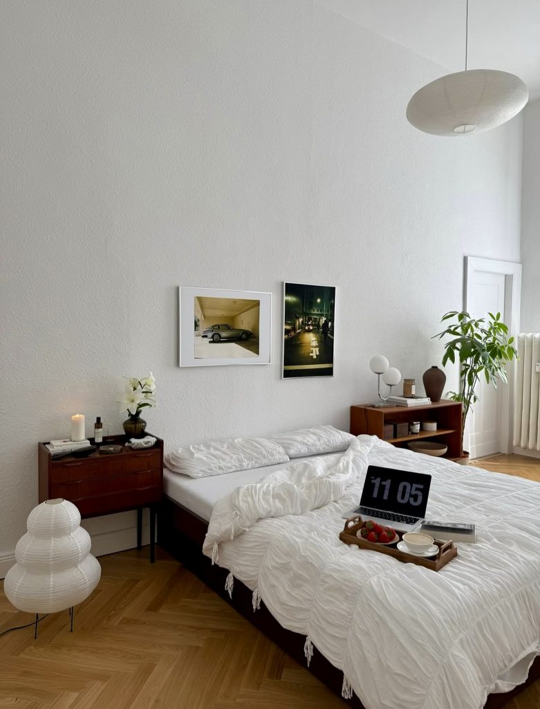 Minimalist bedroom with retro wood furniture