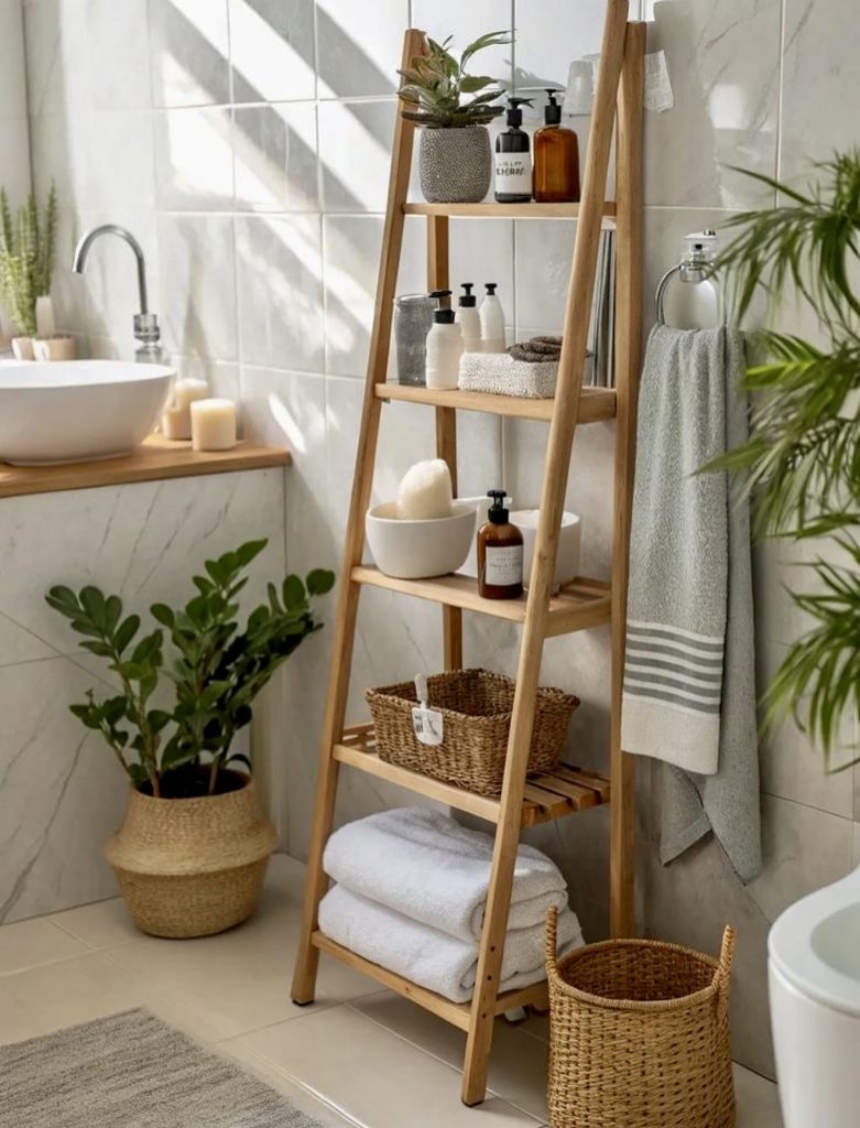 Bathroom with wooden ladder shelf and woven baskets