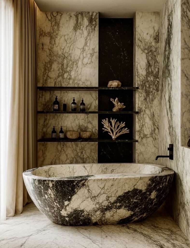 Marble bathtub with natural stone walls