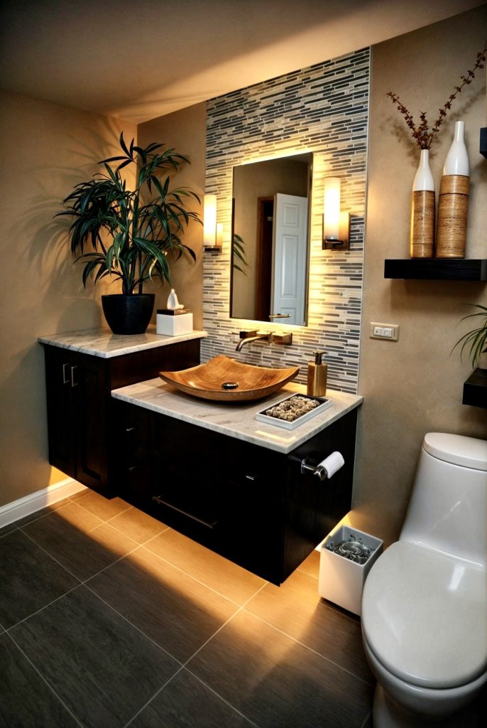 Modern vanity with wooden basins and warm lighting