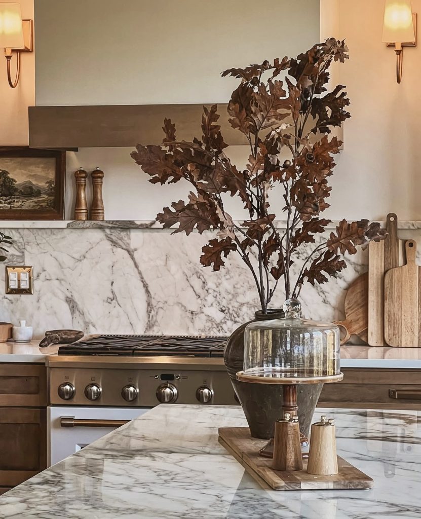 Kitchen with rich wood and seasonal branches