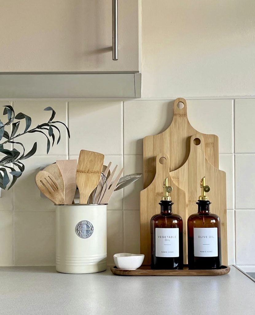 Layered cutting boards with warm wood tones