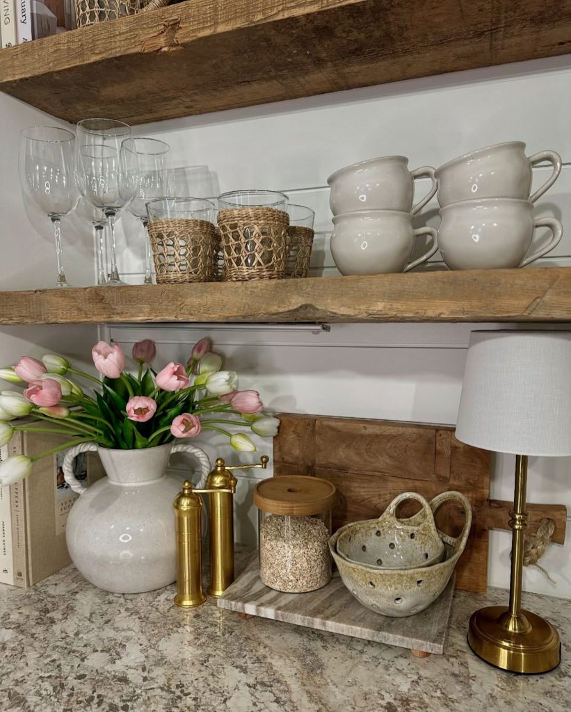 Rustic kitchen with brass accents and florals