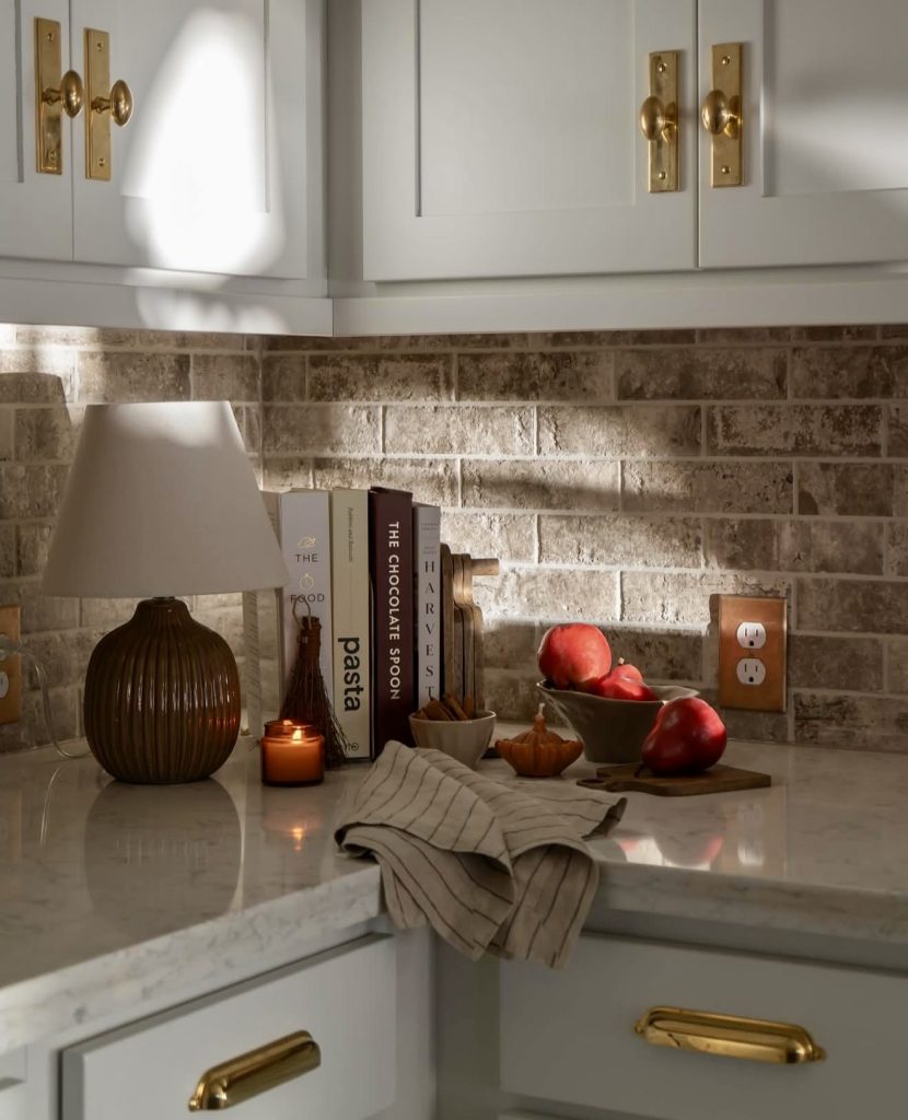 Modern farmhouse kitchen with warm lighting