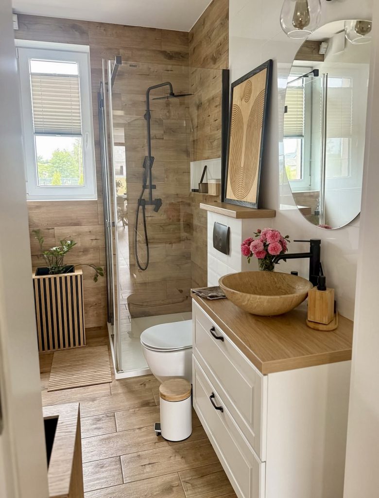 Rustic Bathroom with Wood-Look Tiles