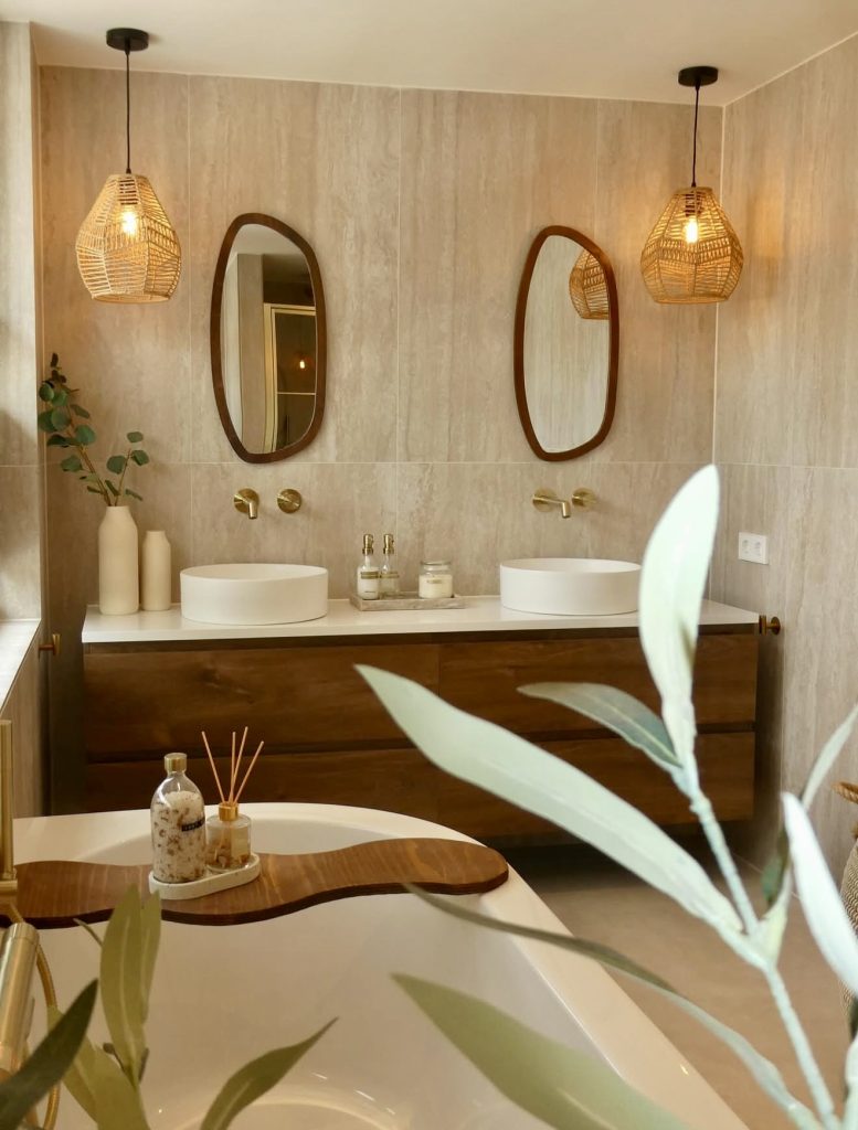 Warm Bathroom with Rattan Lighting