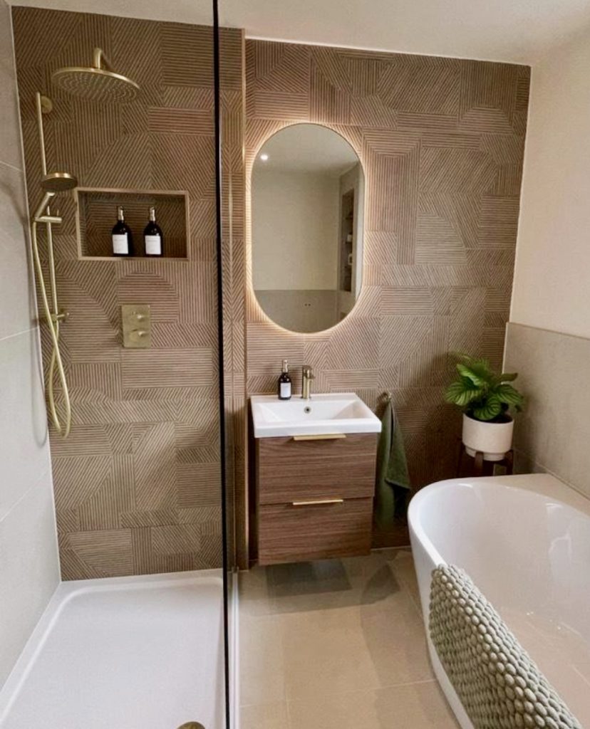 Modern Bathroom with Graphic Wood Tile
