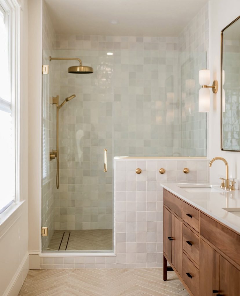 Bathroom with Soft Pastels and Herringbone Floor