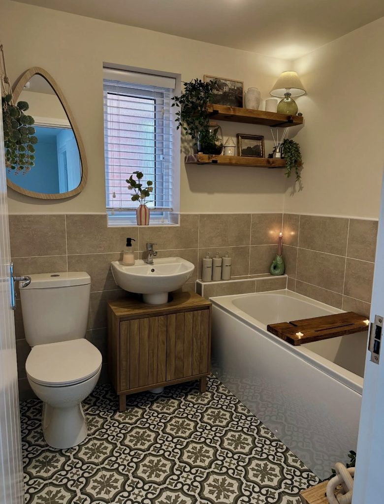Cozy Bathroom with Patterned Floor