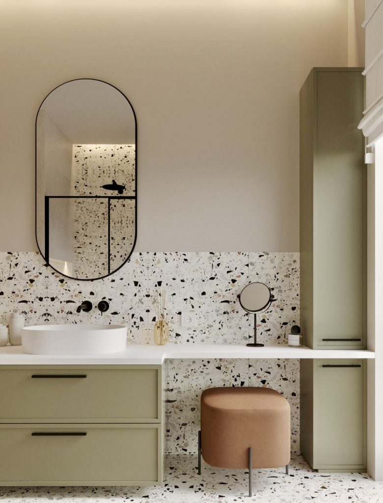 Terrazzo Bathroom with Soft Green Cabinets