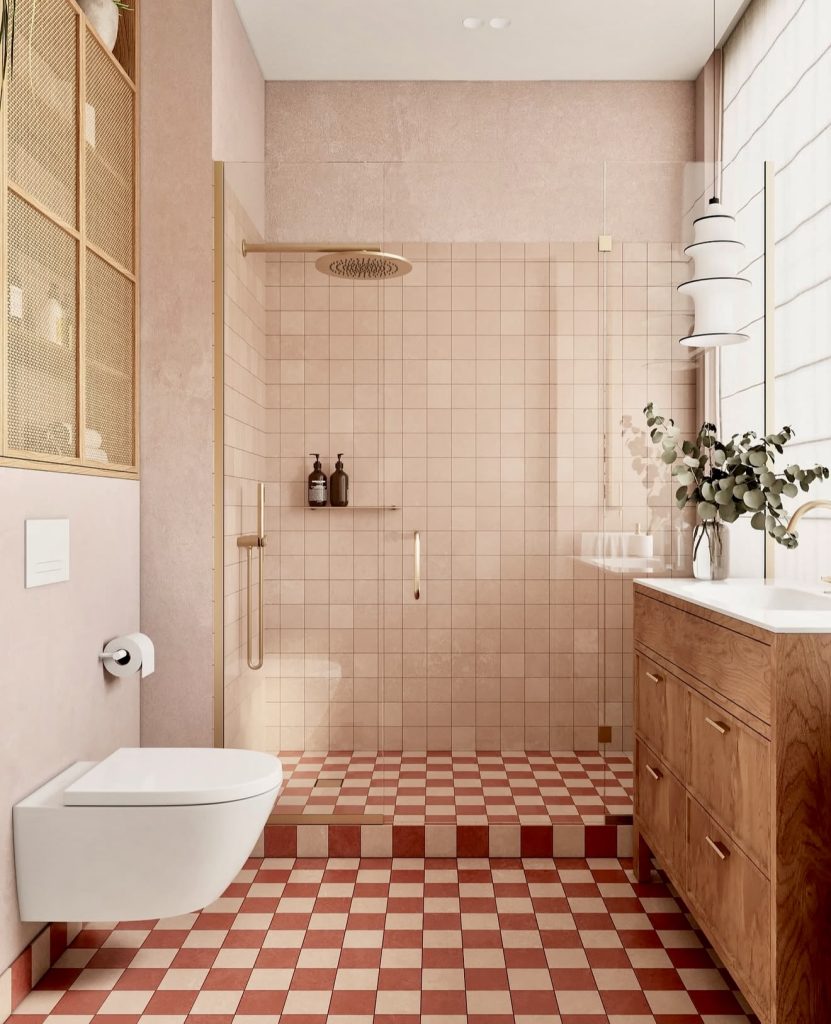 Blush Bathroom with Checkerboard Floor