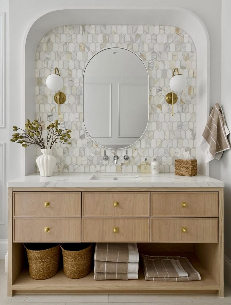 Bathroom with Arch Details and Wood Vanity