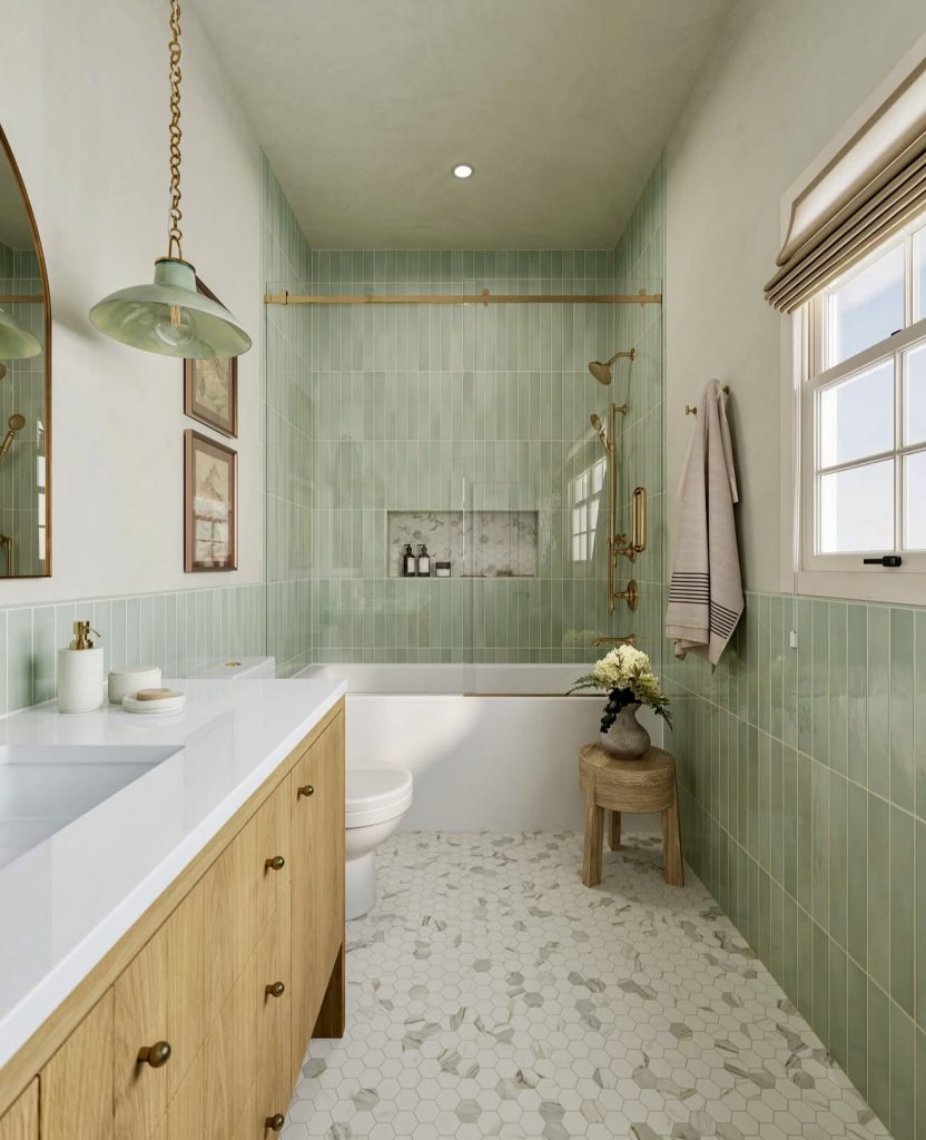 Bathroom with Vertical Green Tiles