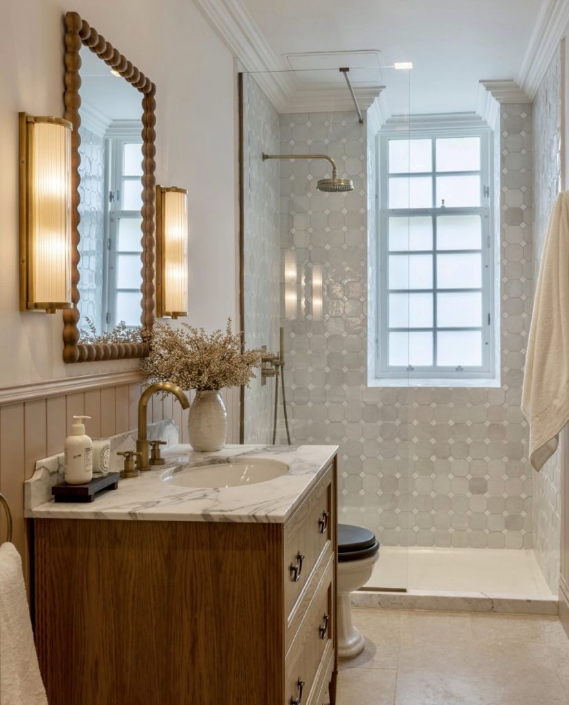 Neutral Bathroom with Marble and Wood