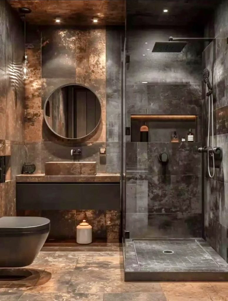 Dark Stone Bathroom with Matte Black Fixtures