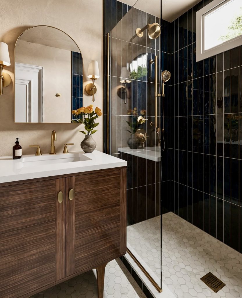 Navy and Brass Ensuite Bathroom