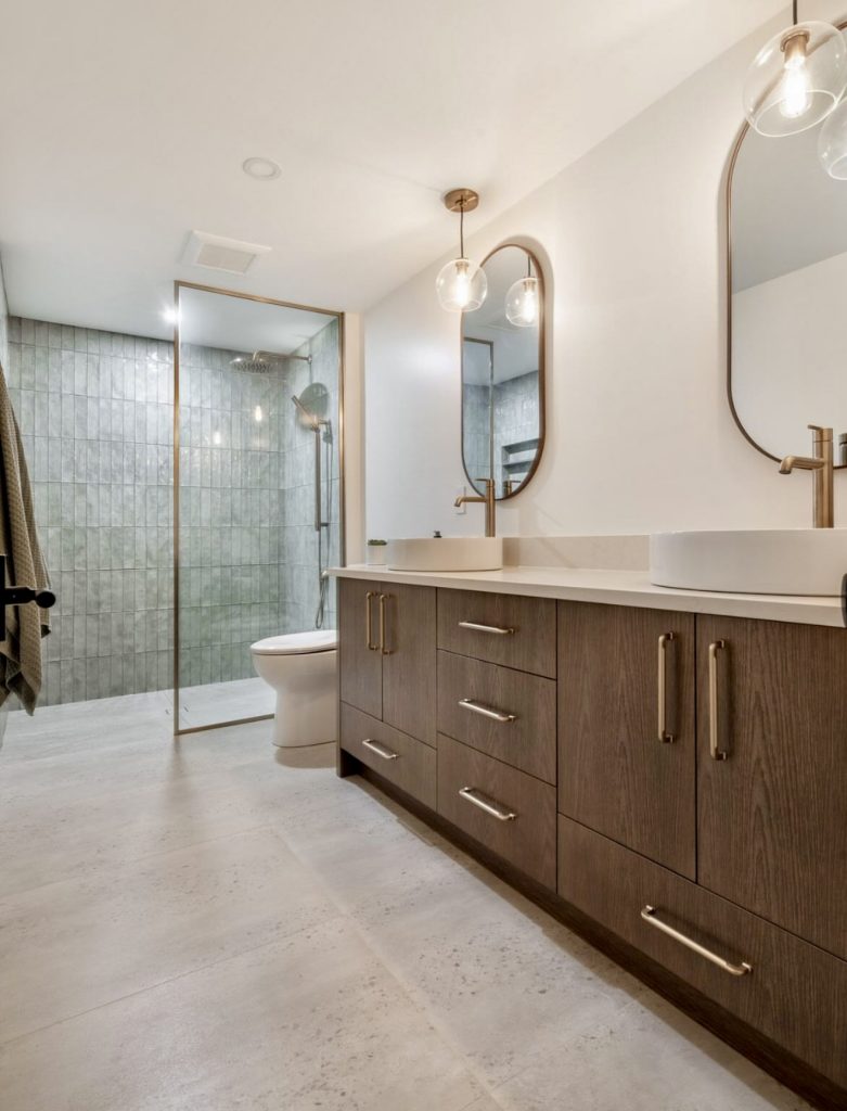 Contemporary Bathroom with Wood and Grey Tiles