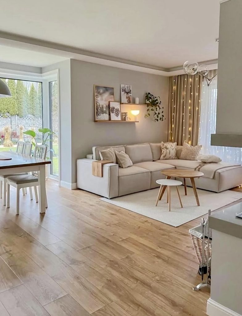 Soft Neutral Minimalist Living Room with Dining Area