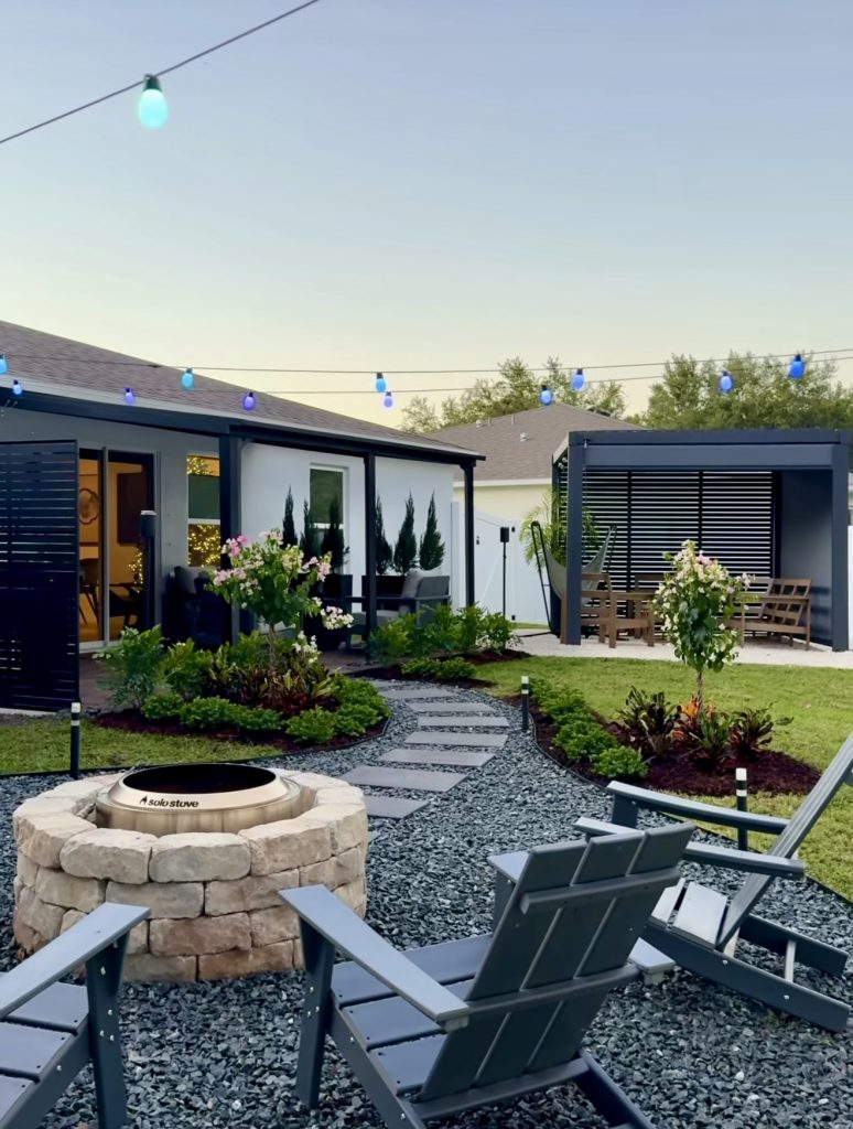 Colorful backyard with gravel paths