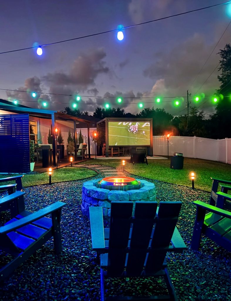 Backyard movie zone with firepit