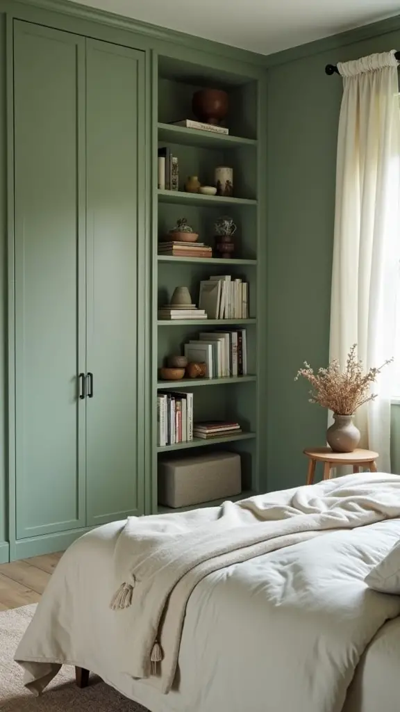 sage green bookshelf design