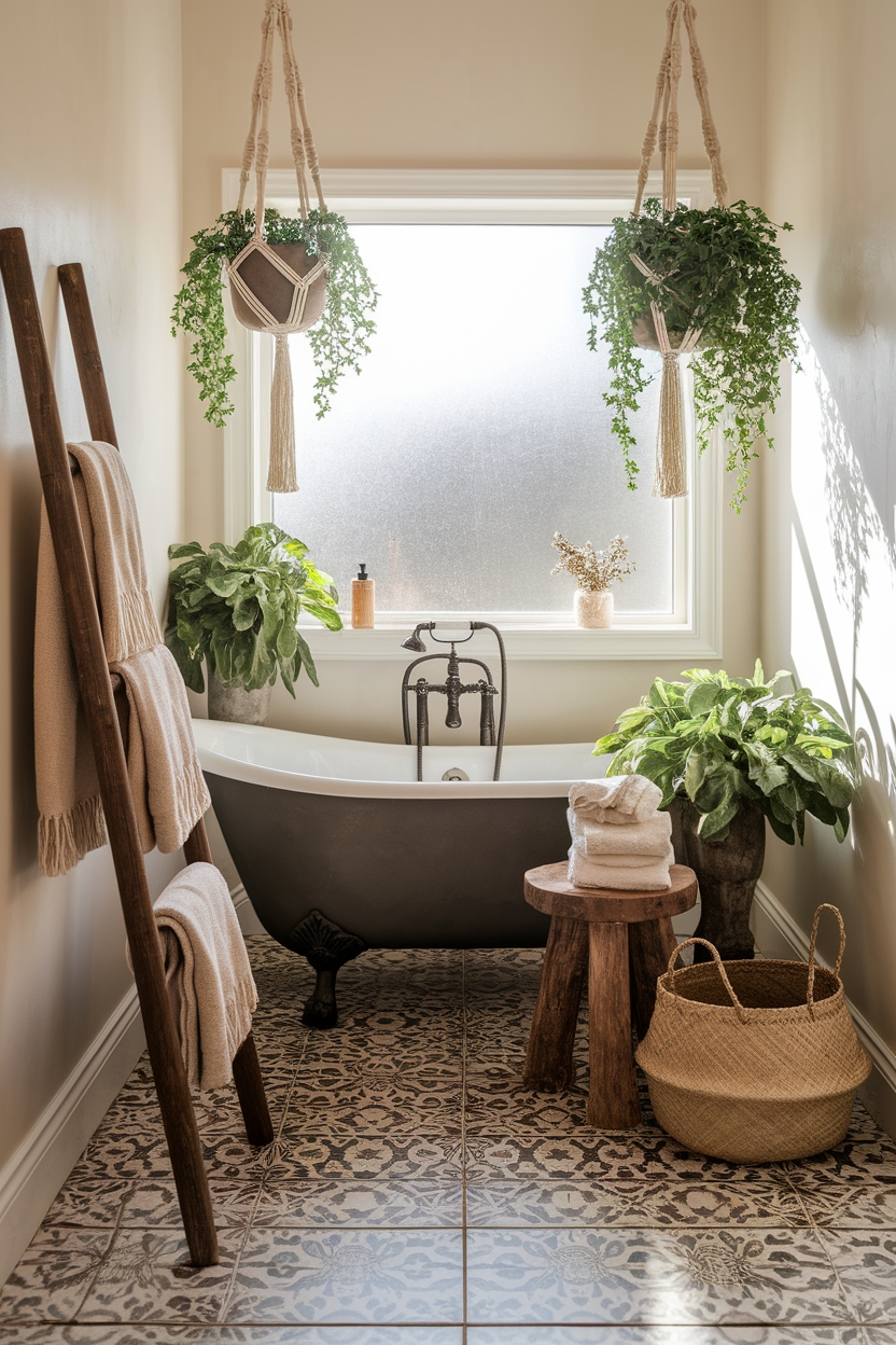 boho bathroom with plants