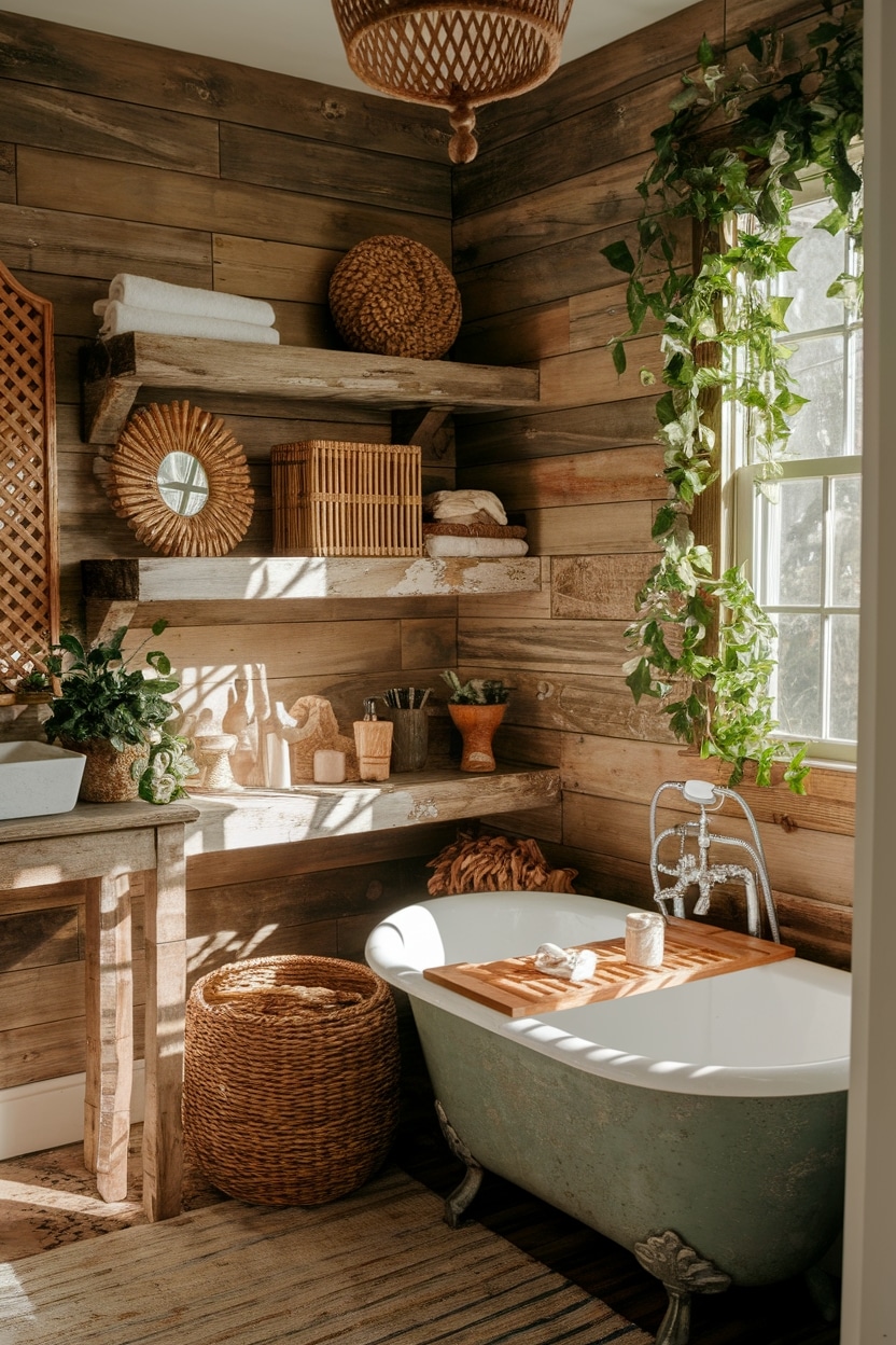 rustic wood boho bathroom