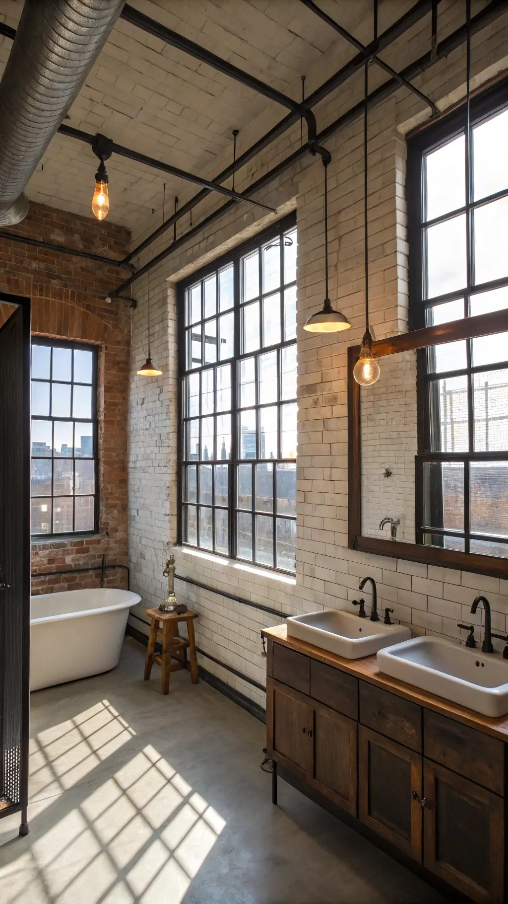 vintage industrial-style bathroom with exposed brick walls, black steel-framed shower, white subway tile double vanity, copper sinks, and Edison bulb pendant lights in dramatic afternoon light