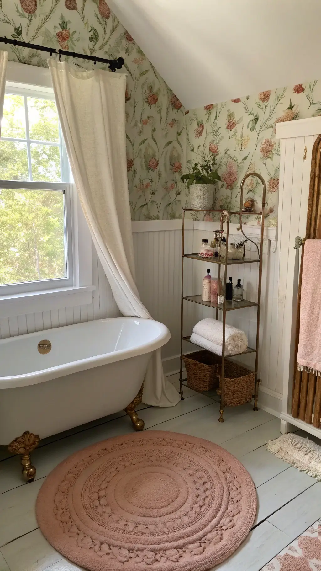 vintage floral bathroom with white beadboard, petite clawfoot tub, antique bamboo etagere and cream blush round braided rug in soft morning light