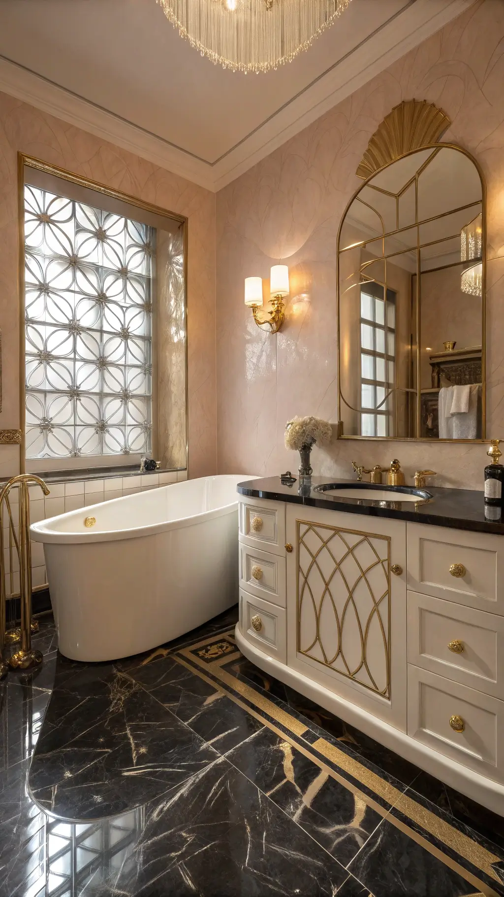 luxurious art deco bathroom with black marble floors, gold inlay pattern, high-gloss white vanity, illuminated mirror, and free-standing finish tub in evening light