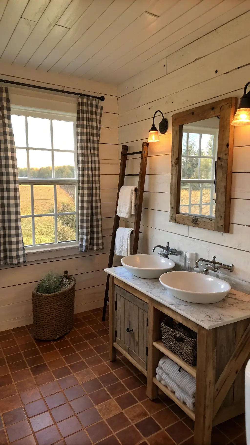 late afternoon lit rustic farmhouse bathroom with whitewashed shiplap walls, reclaimed barn wood vanity, zinc-topped dual washstand, vintage ladder towel rack, buffalo check curtains, and terra cotta floor tiles