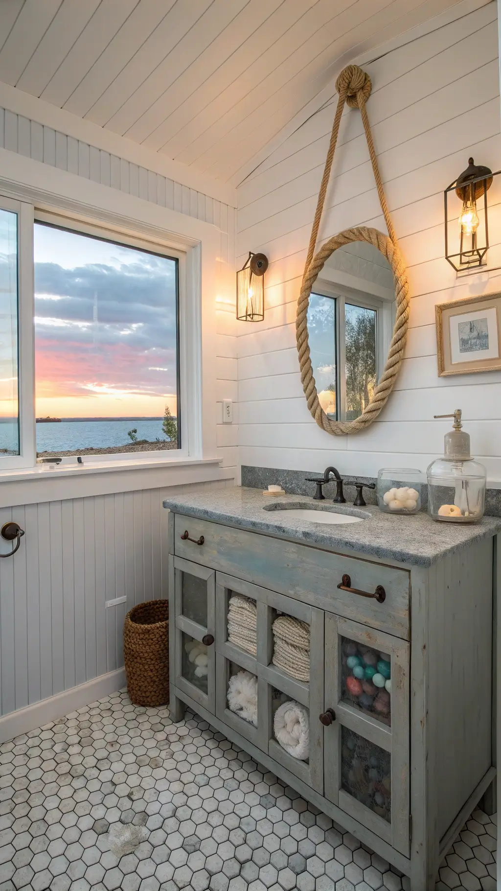 vintage coastal bathroom at sunset with white walls, blue ceiling, pebble-tile floor, weathered gray vanity, and porthole window, decorated with a rope mirror and glass fishing floats