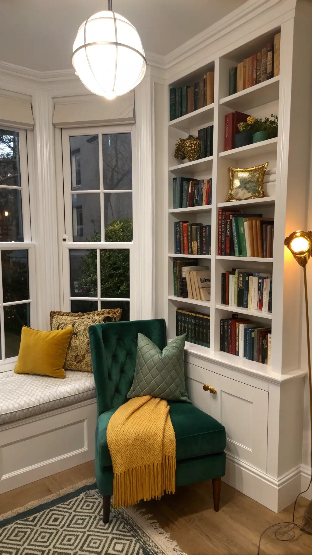 Cozy reading nook with emerald velvet chair, white bookshelves, globe pendant light, brass accents, vintage books, wool throws, and mustard cushions.