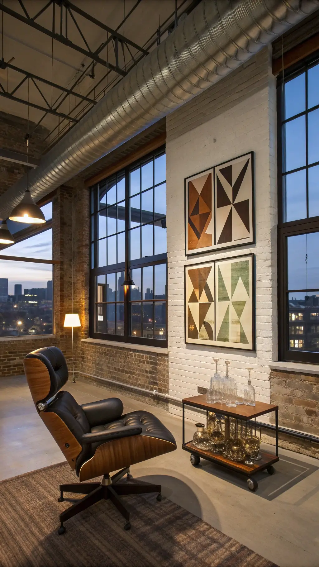 Industrial loft with exposed brick, large windows, Eames-style lounge chair, geometric artwork, vintage bar cart, and dramatic dusk lighting.