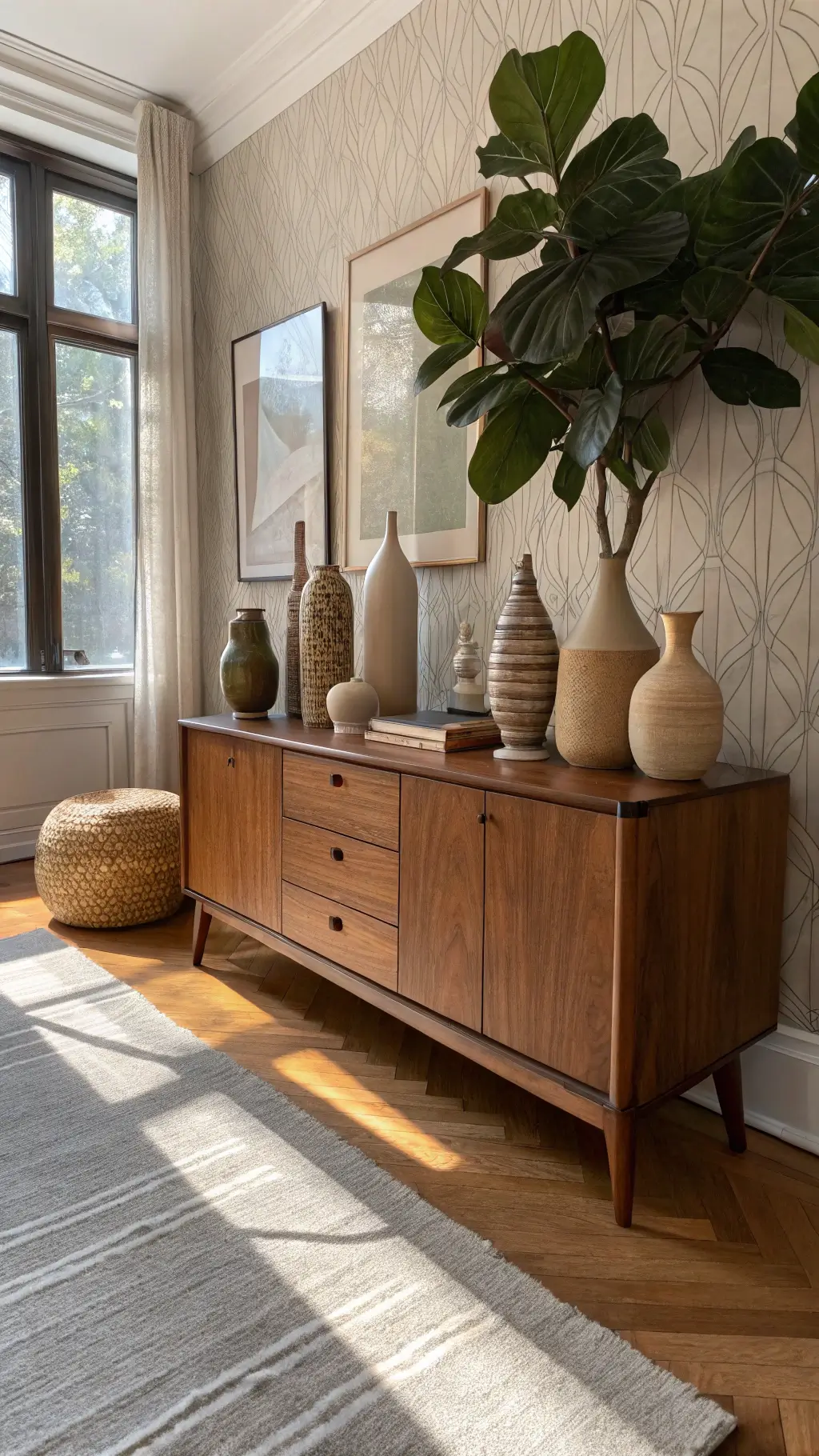 Sunlit brownstone living room with original hardwood floors, teak sideboard, mid-century ceramic vases, fiddle leaf fig, grasscloth wallpaper, and layered neutral rugs.