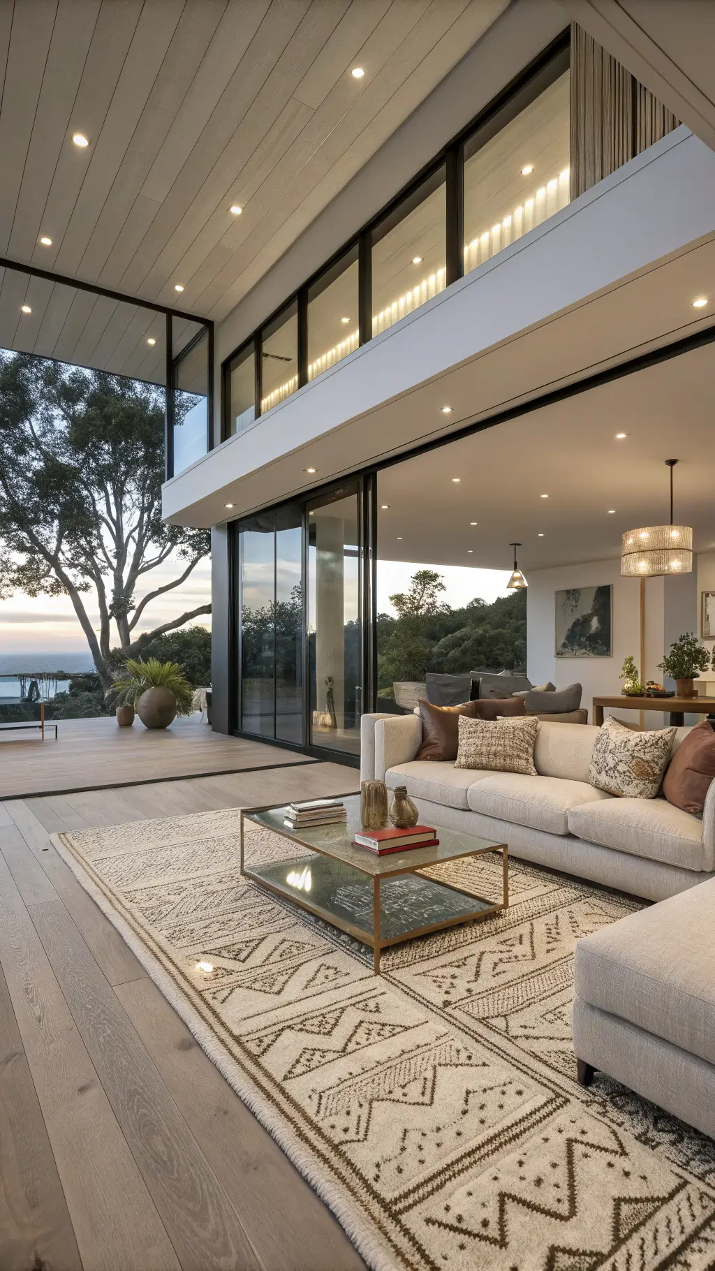 Open-plan room with large windows, white oak floors, low-profile sectional, vintage Moroccan rug, brass coffee table, and artistic decor in natural light.