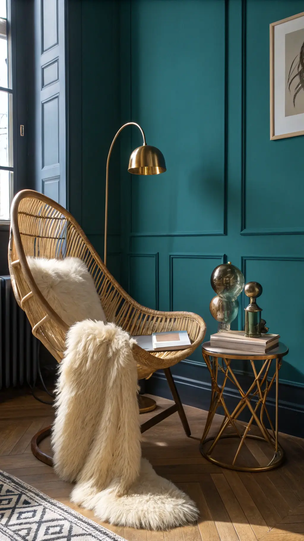 Renovated 1920s apartment corner with sculptural rattan chair, sheepskin throw, teal wall, vintage brass objects, and modern table lamp illuminated by natural light.