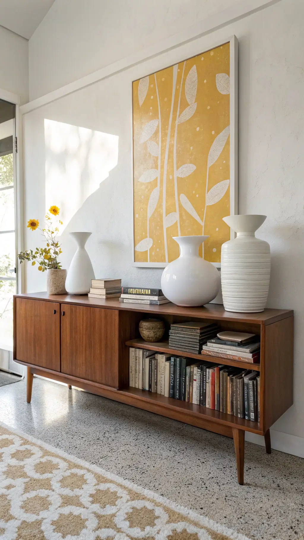 Bright corner featuring Danish modern credenza, white ceramic vessels, art books, oversized mustard and cream abstract canvas, and terrazzo flooring under morning light.