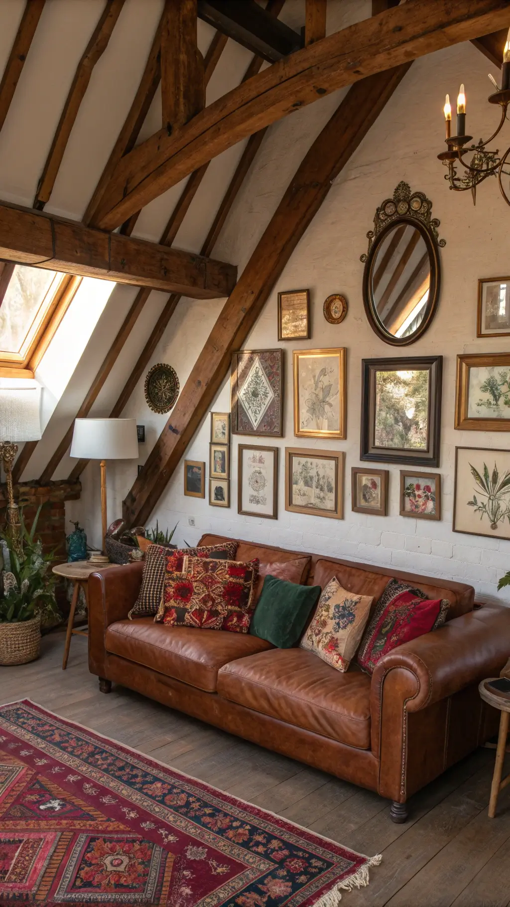 Bohemian vintage attic with low leather sofa, kilim pillows, eclectic gallery wall, and natural golden hour lighting.