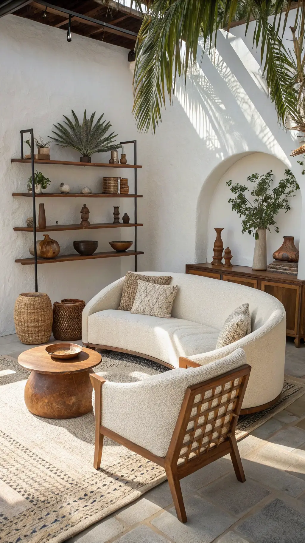 Modern living room with vintage flair featuring cream bouclé sofa, cane-back armchairs, ceramic pottery on floating wood shelves, and palm shadows in afternoon light.