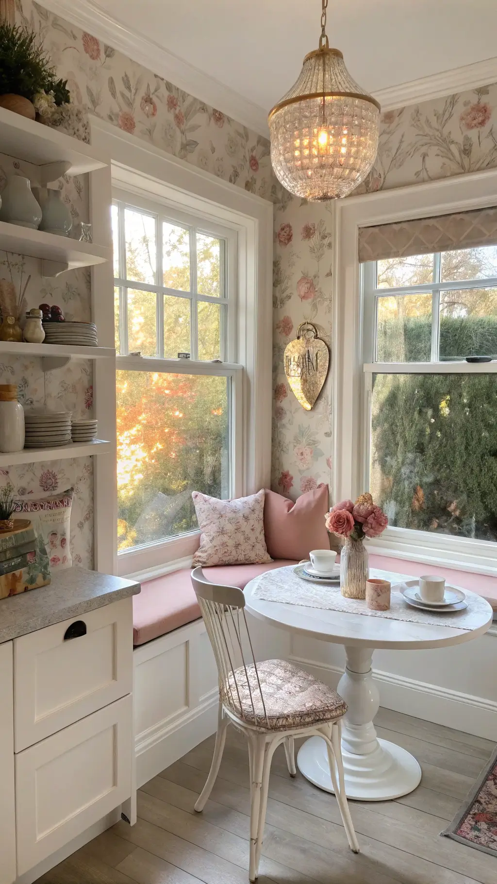 Inviting breakfast nook nestled in a kitchen alcove with a bay window, soft blush cushions, white table, vintage teacups on wooden shelves, floral wallpaper, crystal pendant lighting, and a vintage runner on white flooring during golden hour.