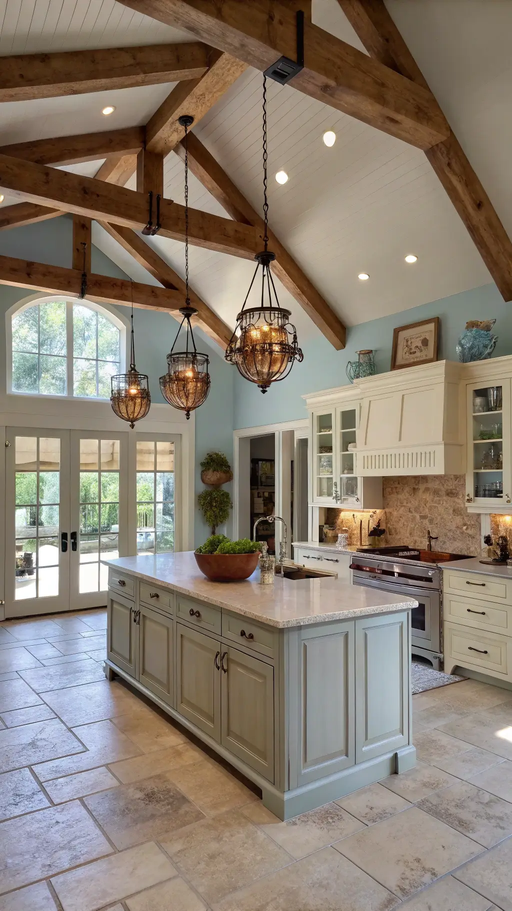Expansive kitchen with rustic wooden beams, vaulted ceiling, vintage industrial pendant lights over a large island with a chalk-painted base. Cream cabinetry showcasing antique silverware, blue walls with white wainscoting, French doors opening to a garden, copper pots hanging from a ceiling rack, and warm natural lighting creating a cozy yet elegant atmosphere.