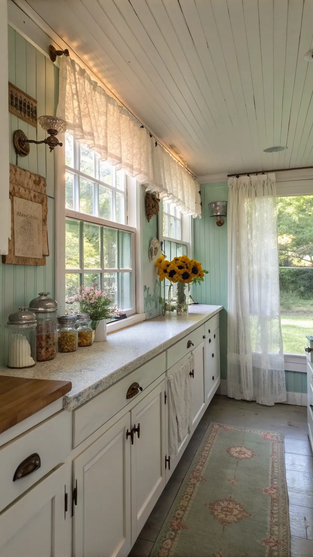 Charming galley kitchen with white beadboard ceiling, mint-colored walls, antique brass fixtures, vintage mason jars filled with dried flowers on the windowsill, distressed shabby chic cabinets, ruffled linen curtains framing a garden view, and worn butcher block countertops bathed in soft morning light.